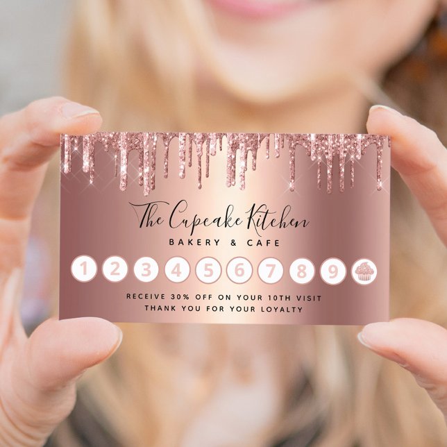 Cupcake Rose Gold Copper Glitter Drips Bakery Chef Loyalty Card (Creator Uploaded)