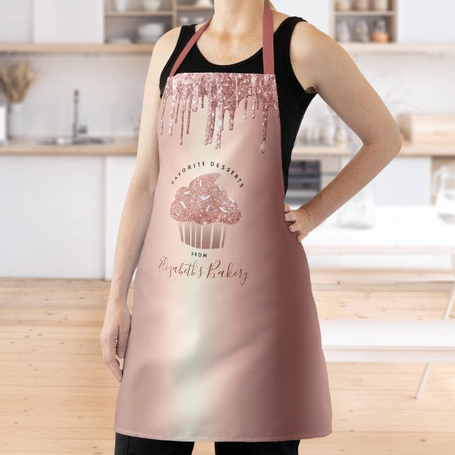 Cupcake Rose Gold Glitter Drips Bakery Pastry Chef Apron (Creator Uploaded)