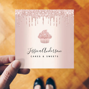 Cupcake Rose Gold Glitter Drips Bakery Pastry Chef Square Business Card