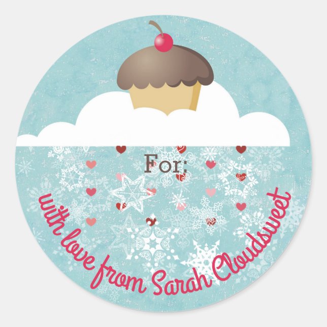 Cupcake snowflake clouds Christmas personalised Classic Round Sticker (Front)