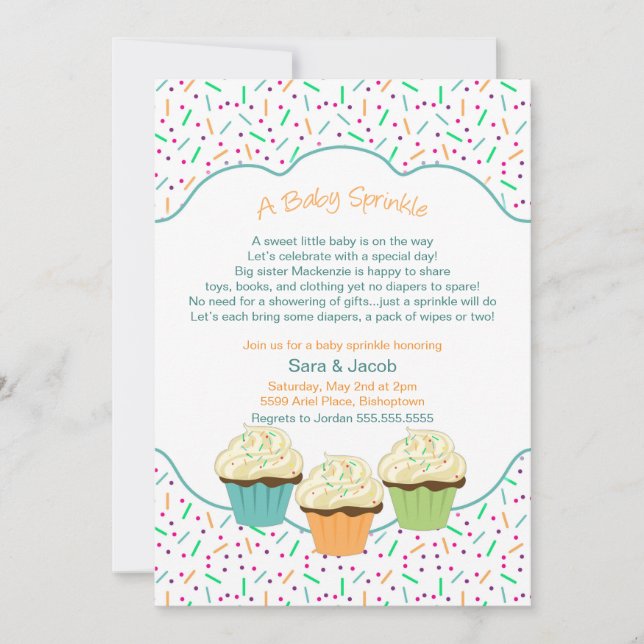 Cupcake Sprinkle Baby Shower Invite neutral colour (Front)