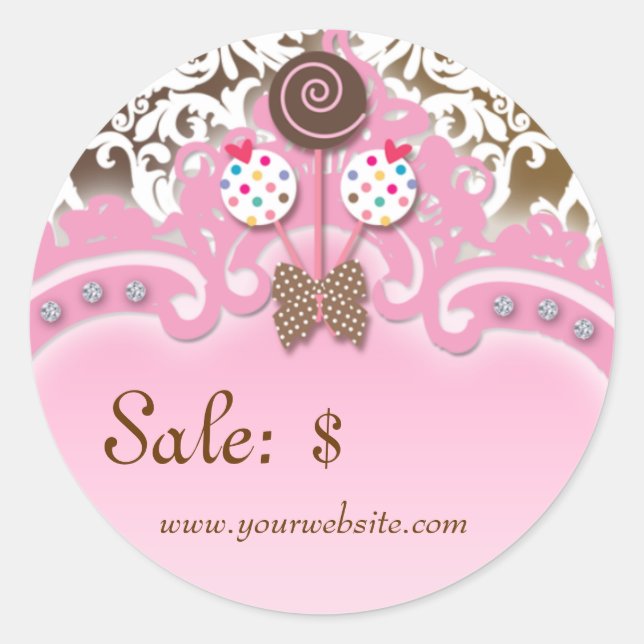 Cupcake Sticker Price Tag Crown Damask Pink (Front)