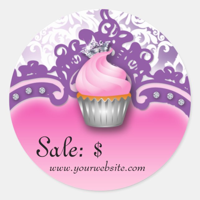 Cupcake Sticker Price Tag Crown Damask Pink Purple (Front)
