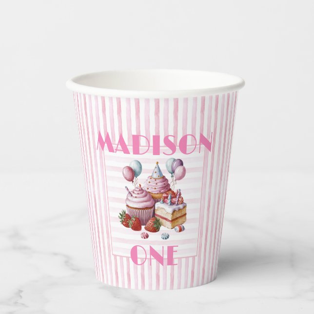 Cupcake sweet Birthday party girl Watercolor ONE Paper Cups (Front)