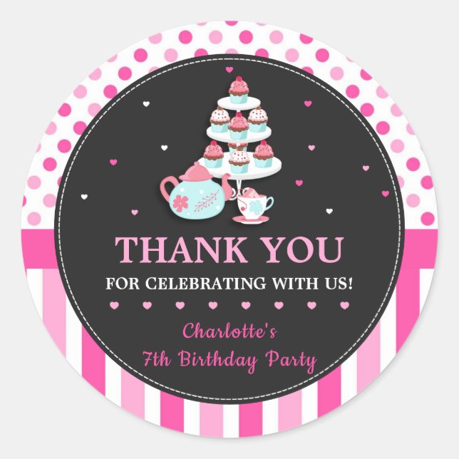 Cupcake Tea Party Birthday Pink Thank You Favour Classic Round Sticker (Front)