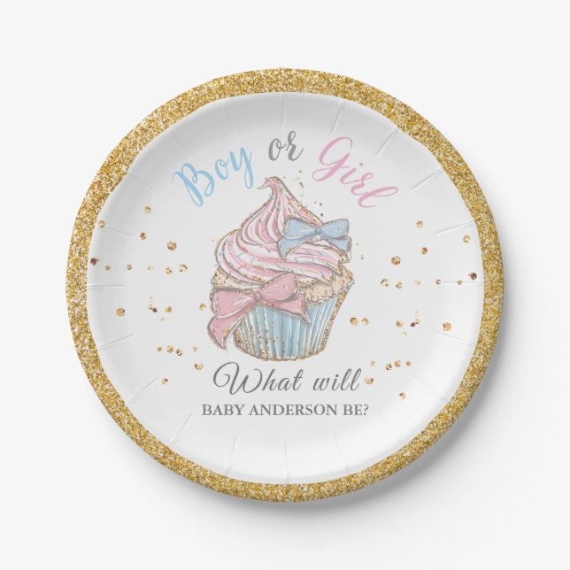 Cupcake Theme Gender Reveal Party Paper Plate (Front)