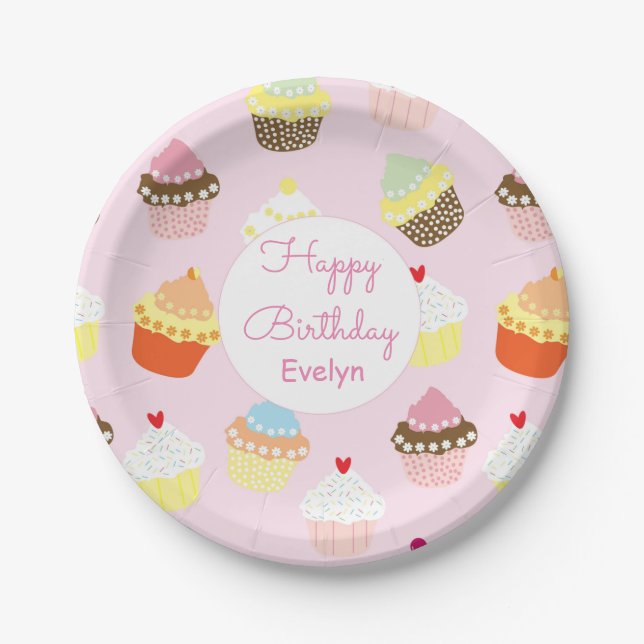 Cupcake Themed Pink Birthday Party Paper Plates (Front)