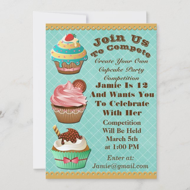 Cupcake Wars Bake Off Birthday Aqua Diamond Invite (Front)