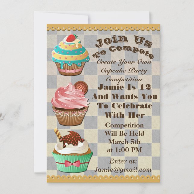 Cupcake Wars Bake Off Birthday Chequered Invite (Front)