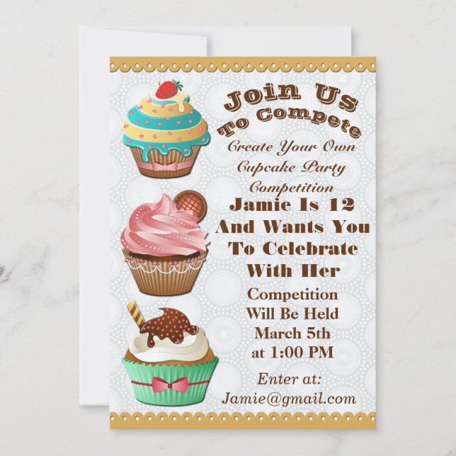 Cupcake Wars Bake Off Birthday Grey Circles Invite (Front)