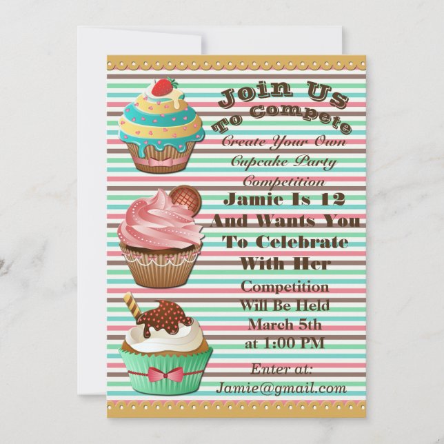 Cupcake Wars Bake Off Birthday Striped Invite (Front)