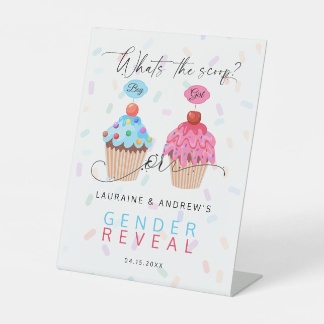 Cupcake What's the Scoop Gender Reveal Welcome  Pedestal Sign (Front)
