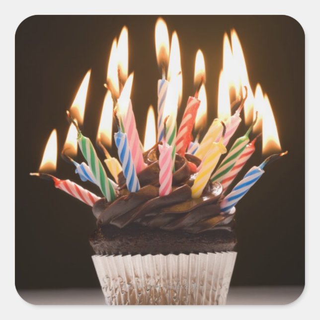 Cupcake with birthday candles square sticker (Front)