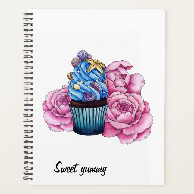 Cupcake with blue cream and pink peonies planner (Front)