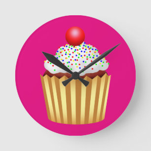 Cupcake with Sprinkles and Cherry on Top Round Clock
