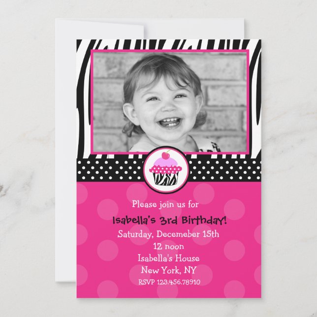 Cupcake Zebra Print Birthday Party Invitations (Front)