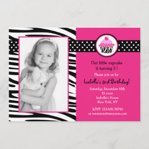 Cupcake Zebra Print Photo Birthday Invitations