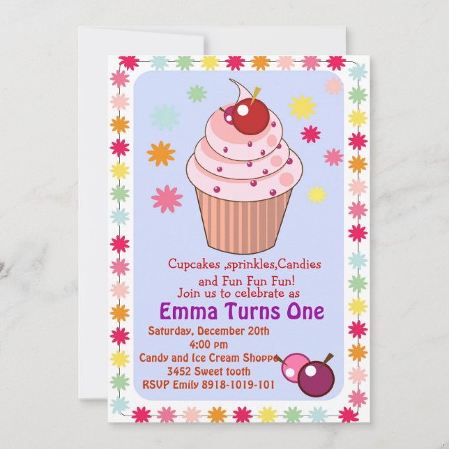 cupcakes and sprinkles birthday party invitation (Front)