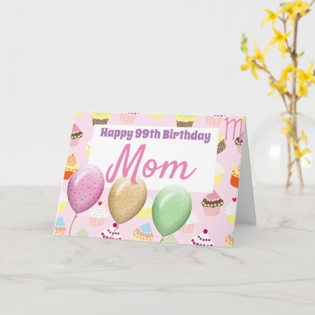 Cupcakes Balloons Pink Birthday Card (Yellow Flower)