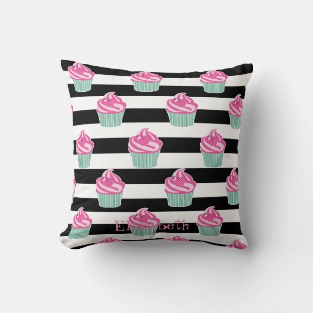 Cupcakes , Black, White Stripes Personalised Cushion (Front)