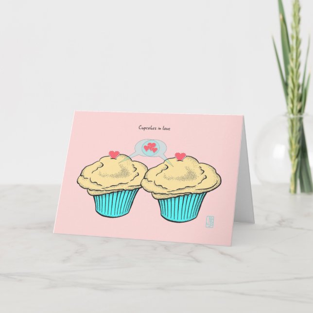 Cupcakes in Love CustardCustardBlueBlue Valentine Card (Front)
