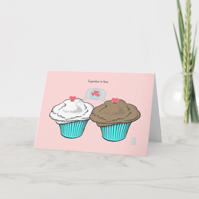 Cupcakes in Love VanillaChocoBlueBlue Valentine Card (Front)