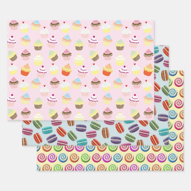 Cupcakes Macaroons and Candy Swirls Patterns Wrapping Paper Sheet (Set)