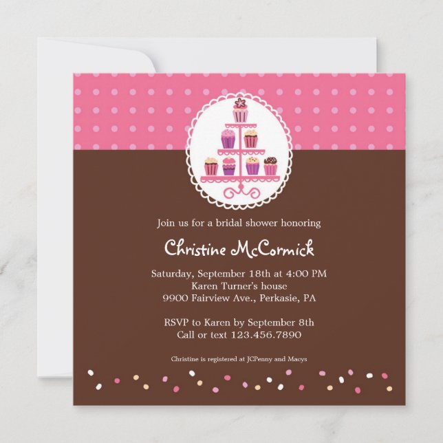 Cupcakes on a Stand (Pink / Brown) Invitation (Front)