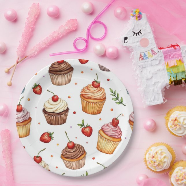 Cupcakes & Strawberries Paper Plate (Party)