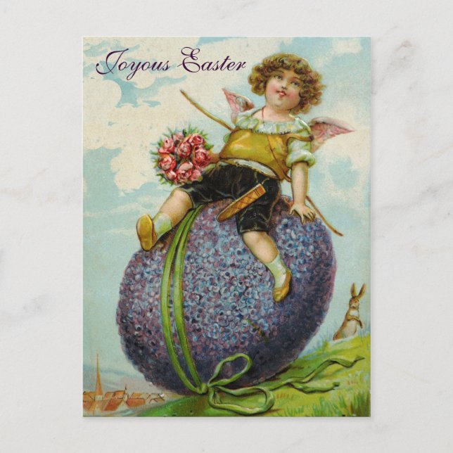 Cupid Angel Roses Easter Egg PostCard Vintage (Front)