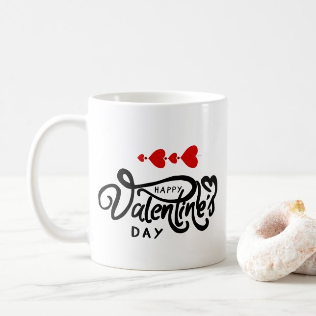 Cupid Arrow Red Hearts Happy Valentine's Day Text Coffee Mug (With Donut)