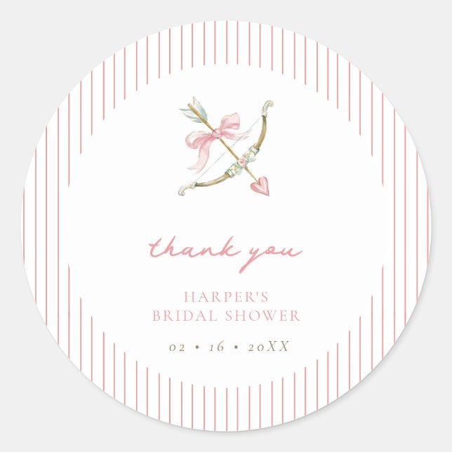 Cupid Arrow & Stripes Bridal Shower Thank You Classic Round Sticker (Front)
