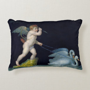Cupid being led by a pair of swans (oil on panel) decorative cushion