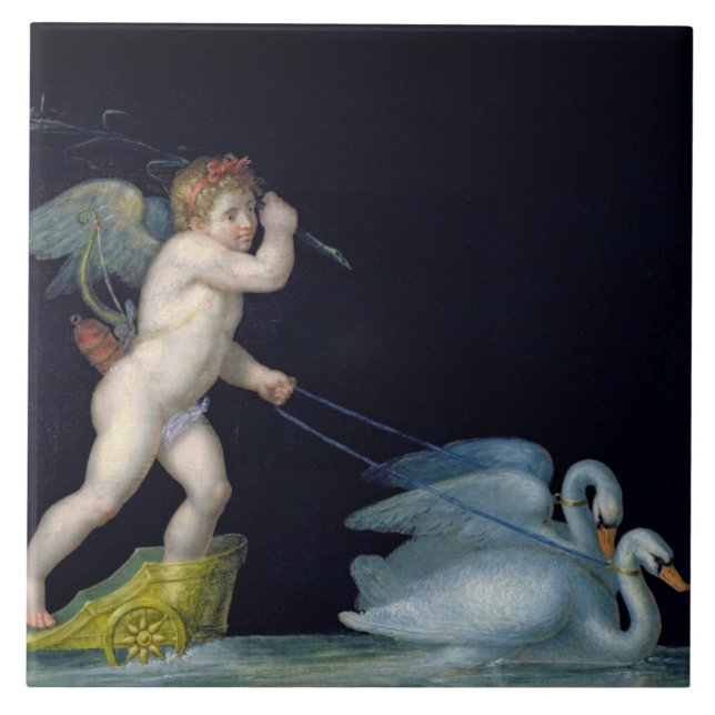 Cupid being led by a pair of swans (oil on panel) tile (Front)