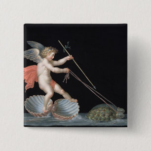 Cupid being led by Tortoises (oil on panel) 15 Cm Square Badge