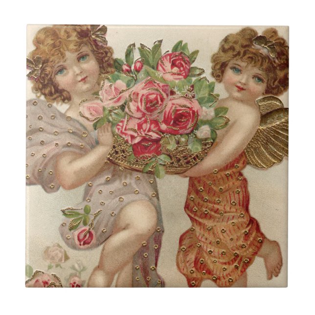 Cupid Cherub Angel Basket Roses Rose Tile (Front)