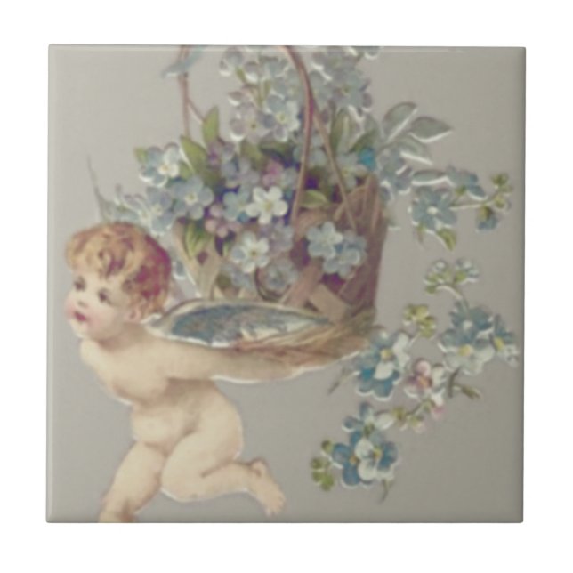 Cupid Cherub Angel Forget-Me-Not Tile (Front)