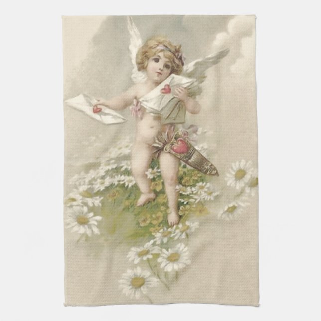 Cupid Cherub Angel Valentine Daisy Tea Towel (Vertical)