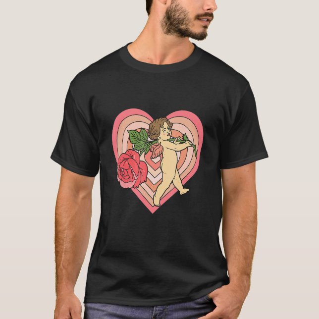 Cupid Cherub Angel with Red Rose Heart Love Valent T-Shirt (Front)