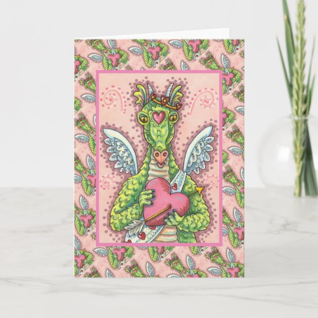 CUPID DRAGON, HEART AND ARROW FANTASY VALENTINE HOLIDAY CARD (Front)