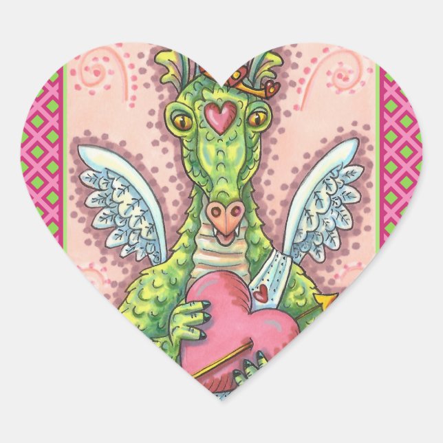 CUPID DRAGON, HEART AND ARROW FANTASY VALENTINE STICKER (Front)
