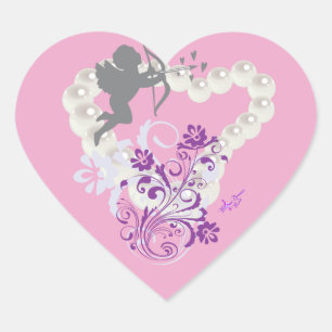 Cupid Floral Pearls Heart Pink 2 Stickers