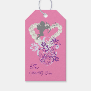 Cupid Floral Pearls Heart Pink Gift Tag