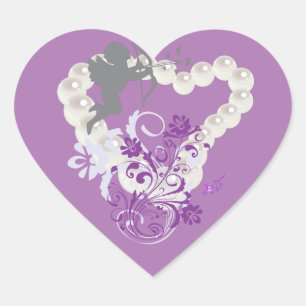 Cupid Floral Pearls Heart Purple 2 Stickers