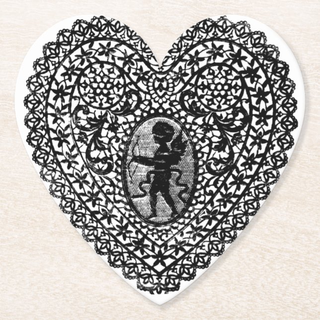 CUPID LACE HEART BLACK WHITE FLORAL Valentines Day Paper Coaster (Front)