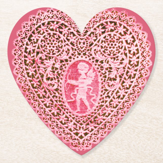 CUPID LACE HEART IN PINK RED FLORAL Valentines Day Paper Coaster (Front)