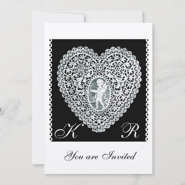 CUPID LACE HEART MONOGRAM gold metallic paper Invitation (Front)