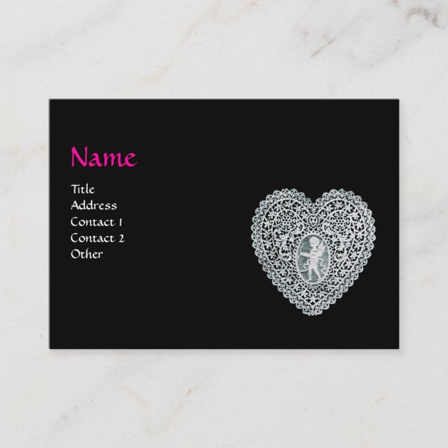 CUPID LACE HEART MONOGRAM ,pink, fuchsia Business Card (Front)