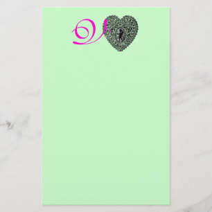 CUPID LACE HEART MONOGRAM, pink fuchsia green Stationery