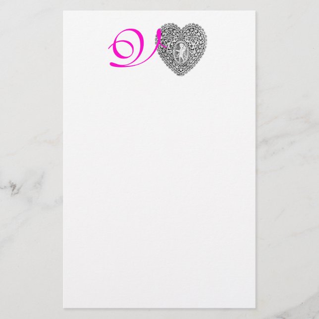 CUPID LACE HEART MONOGRAM, pink fuchsia Stationery (Front)